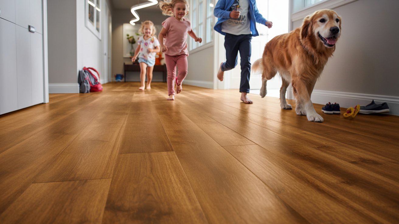 Thick vinyl flooring designed for high-traffic family spaces.