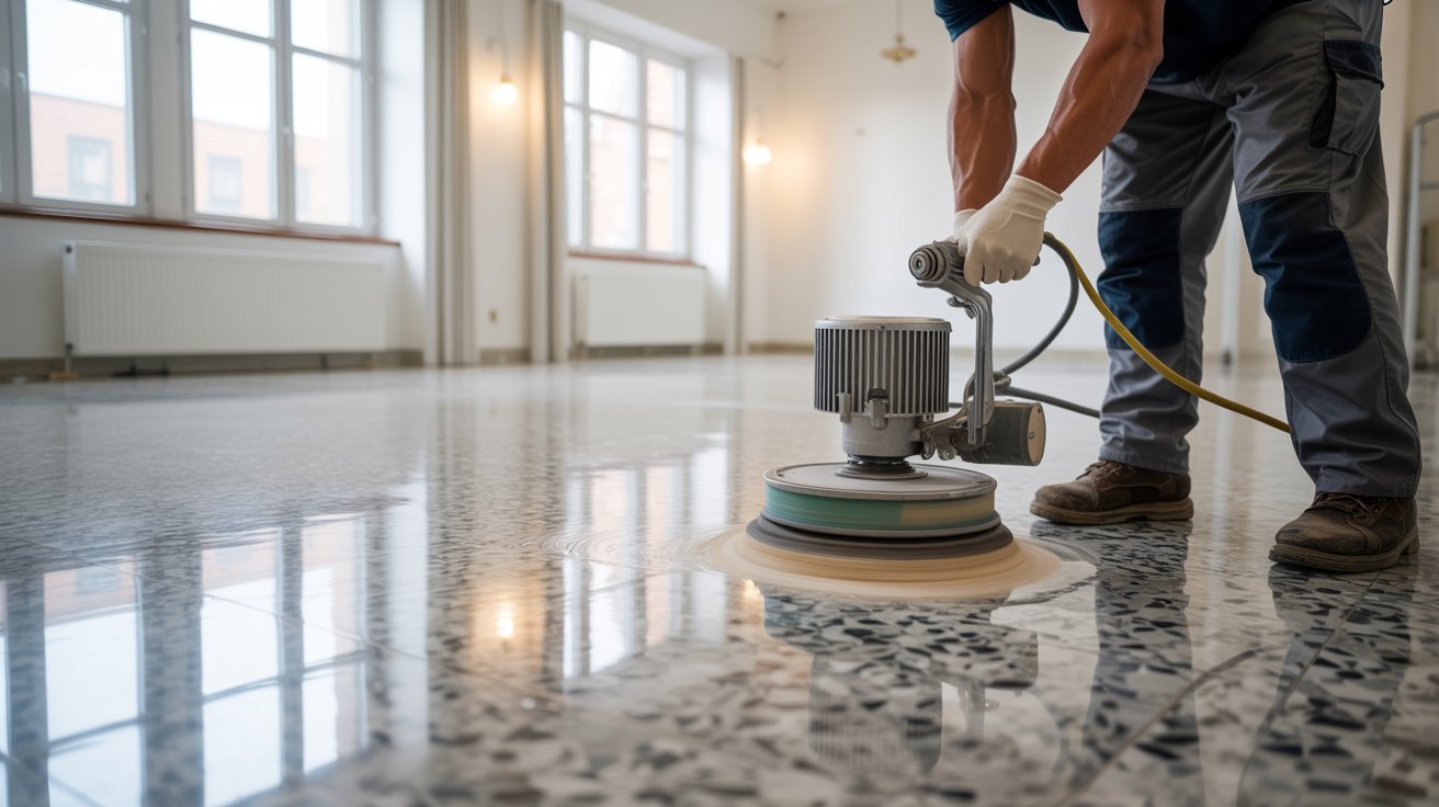 Polishing terrazzo flooring to achieve a glossy finish.