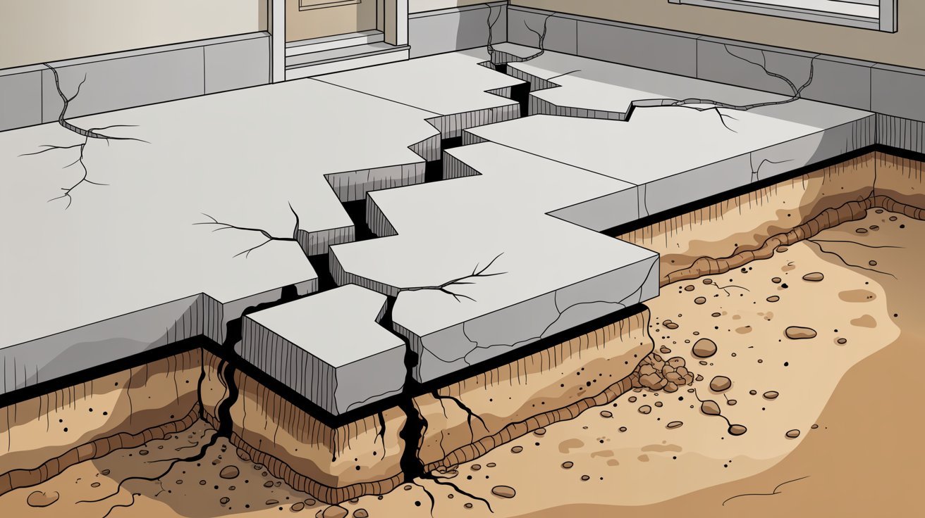 Foundation settlement causing cracks in a basement floor.