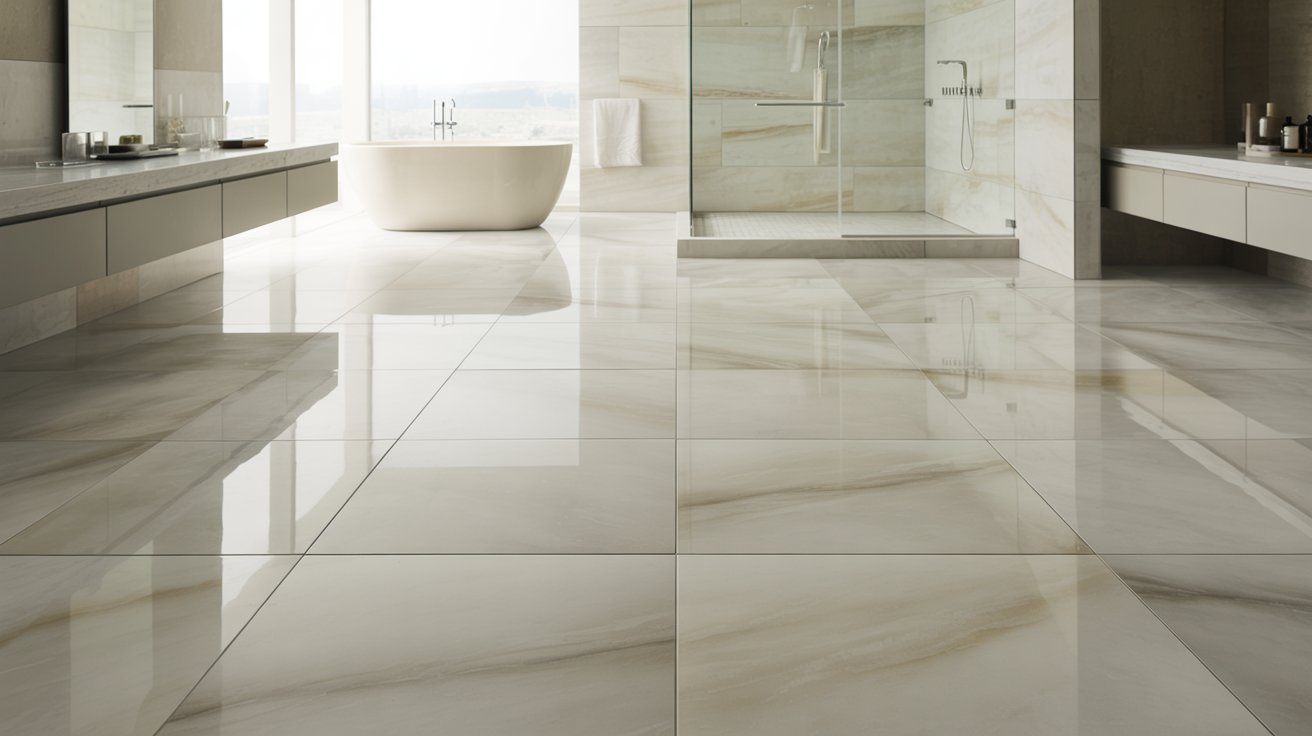 Porcelain tile flooring in a modern moisture-resistant bathroom.