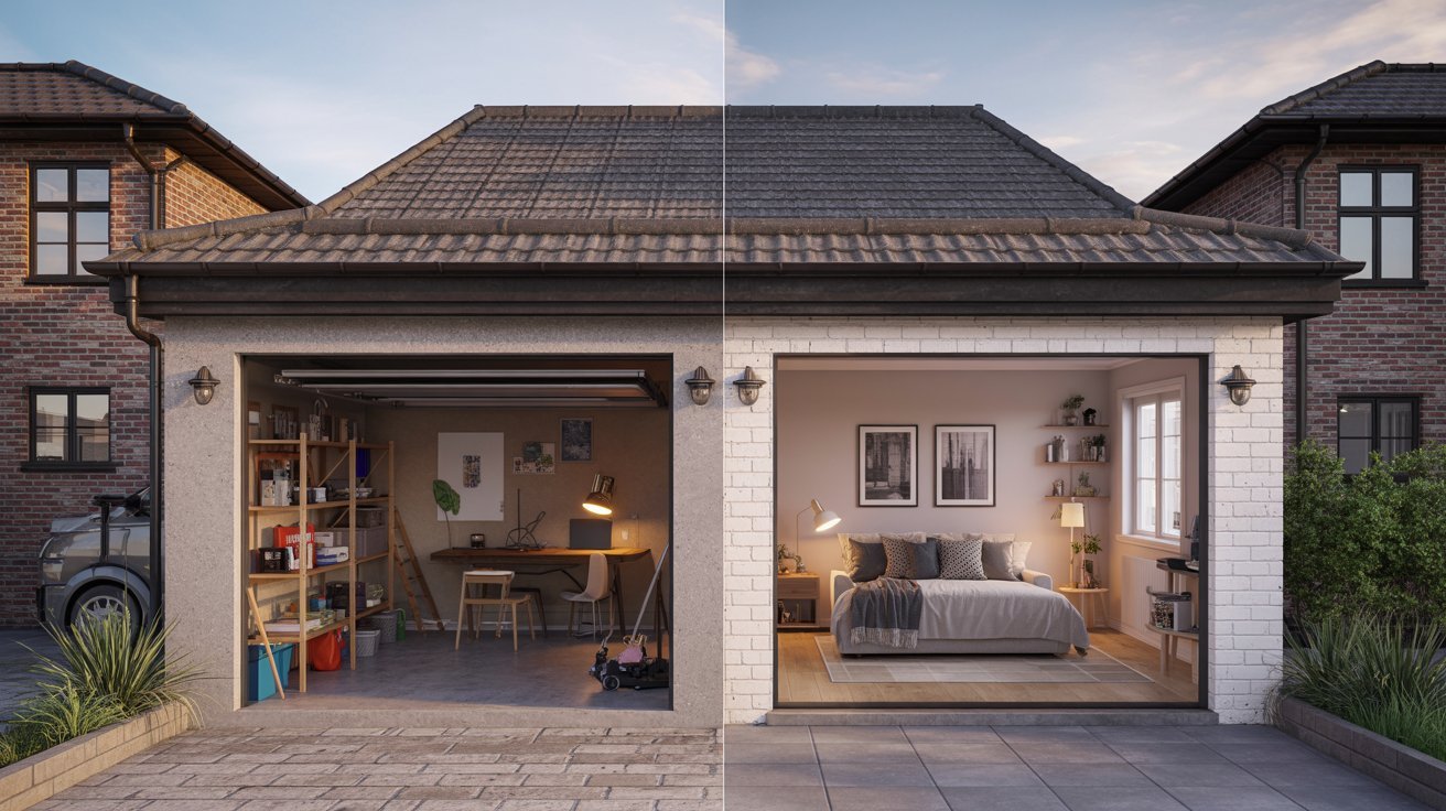 Comparison of an unused garage and a finished garage conversion living space.