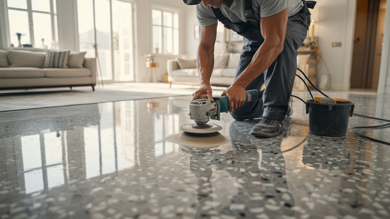 Professional restoring and polishing a terrazzo floor inside a modern home.