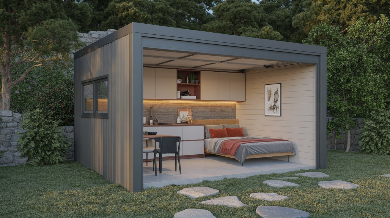 Single garage converted into a compact rental studio apartment with modern amenities.
