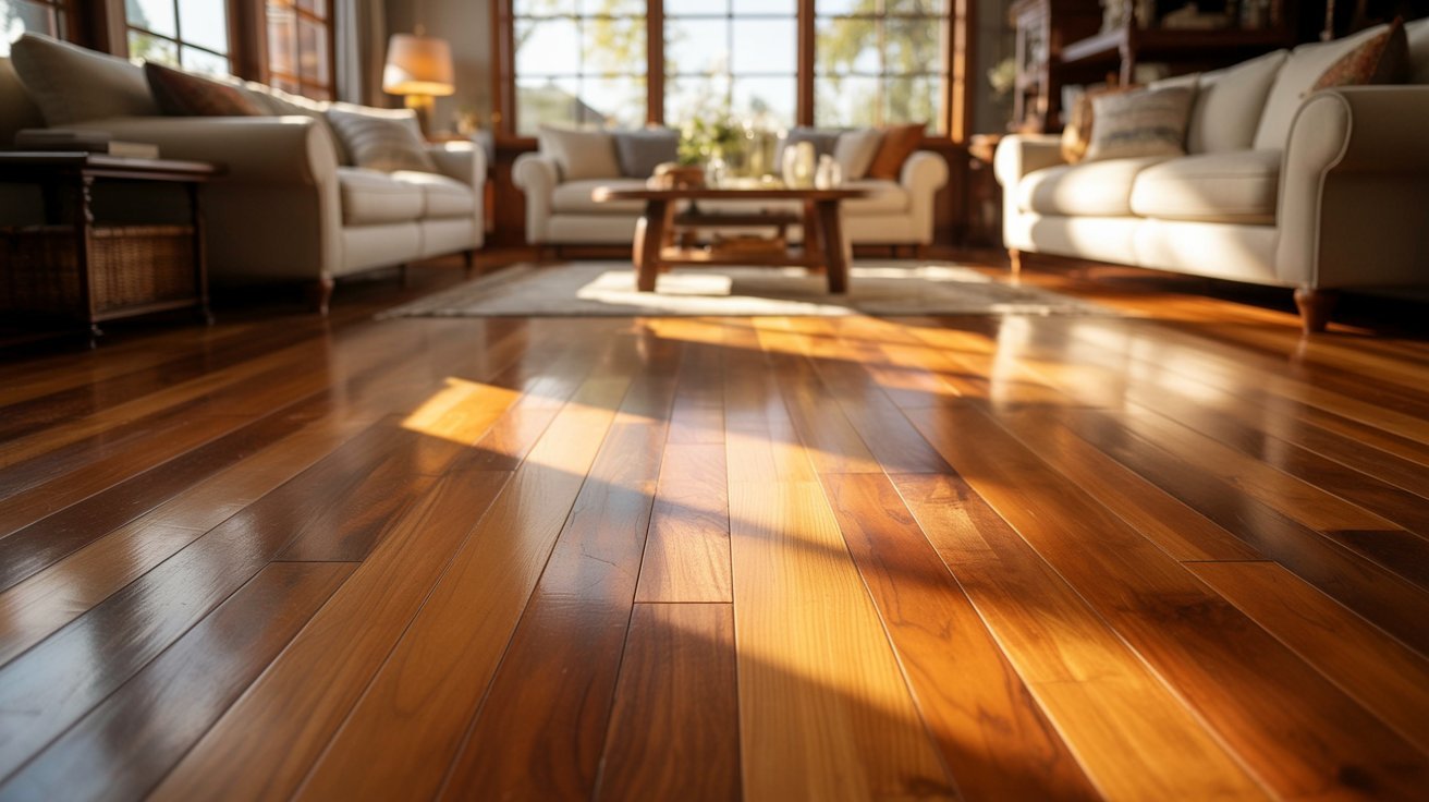Warm hardwood flooring inside a modern living room.