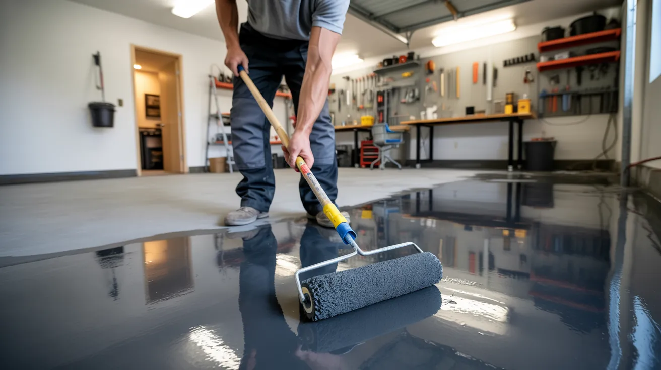 Applying epoxy coating to a garage floor with a paint roller.
