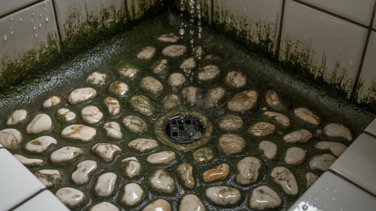 Mold and dark stains trapped between river rock shower pebbles.