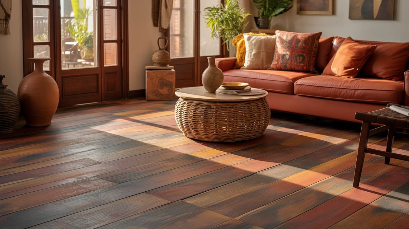 Terracotta-toned hardwood floors in a warm, earthy living space.