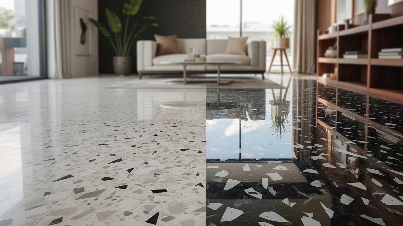 Before and after comparison of restored terrazzo flooring.