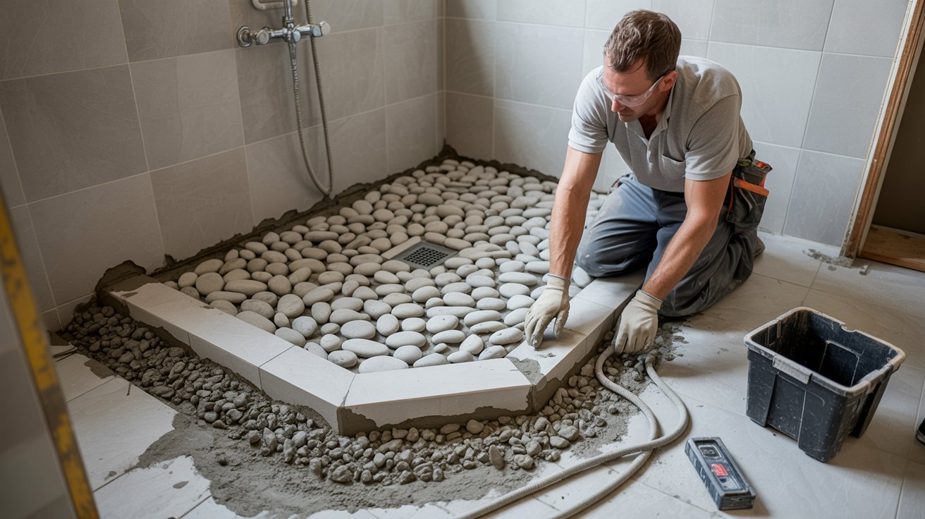 Improper installation of a river rock shower floor during renovation.