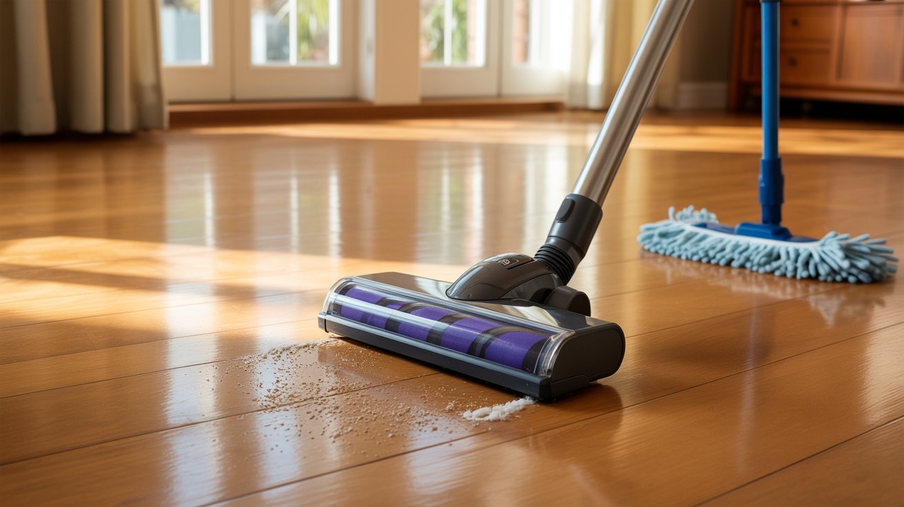 Vacuuming hardwood floor dust after buffing.
