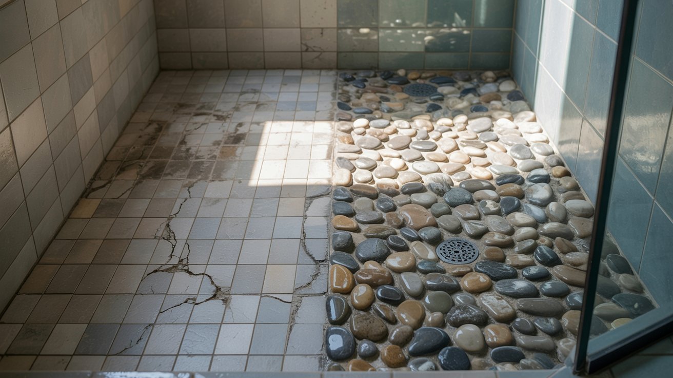 Unsealed river rock shower floor showing grout and stone damage.