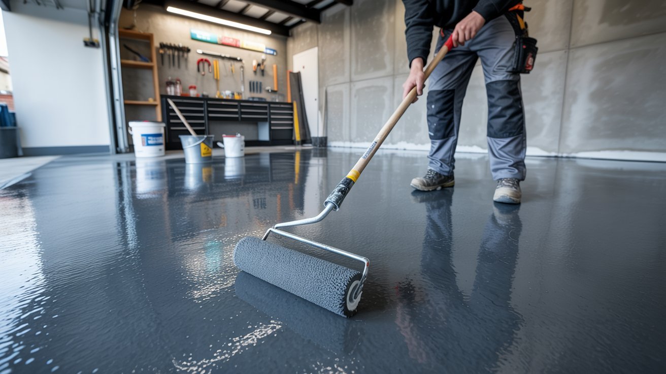 Applying a non-slip topcoat over an epoxy floor.