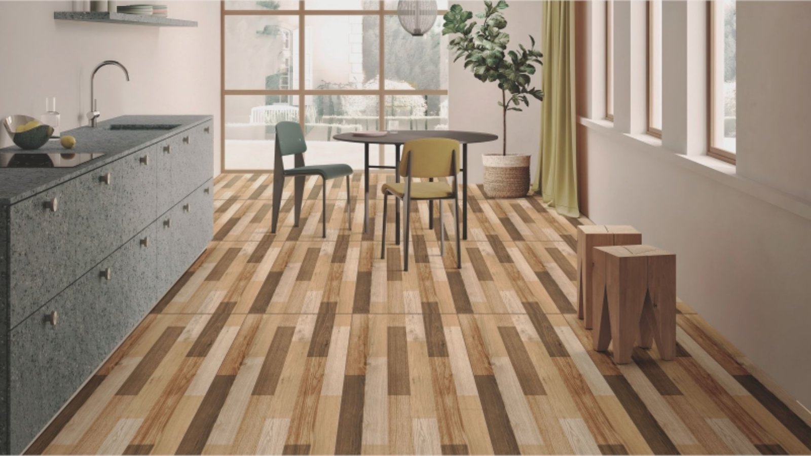 kitchen having Wood Look Porcelain Tile Floors.