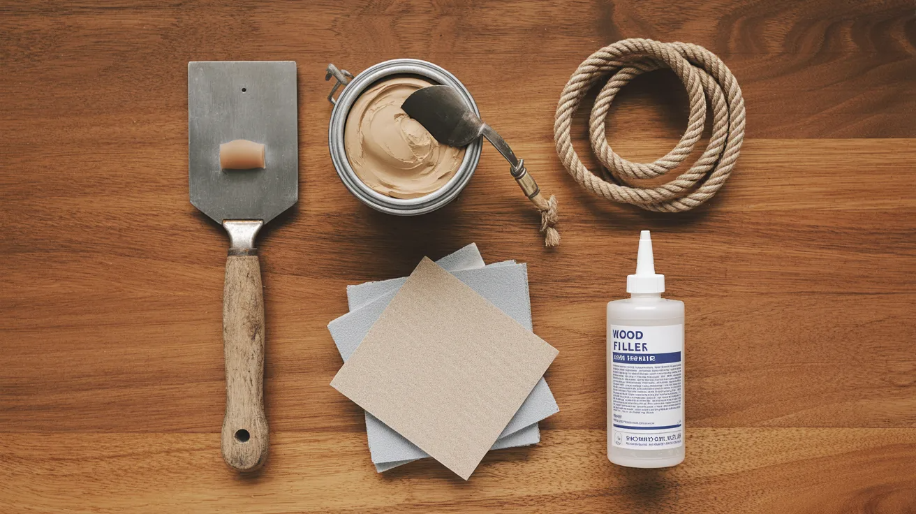DIY tools and materials laid out for repairing gaps in hardwood floors