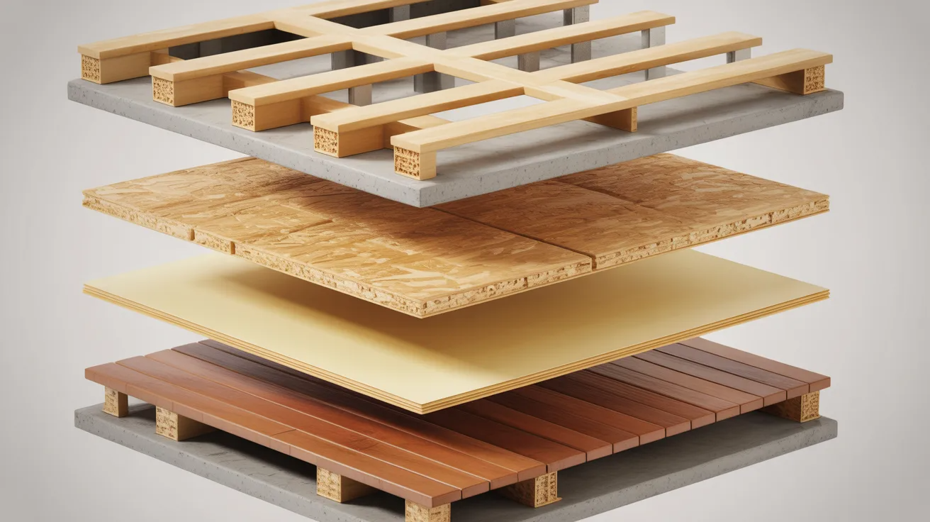 Exploded view of a residential floor system with multiple flooring layers.