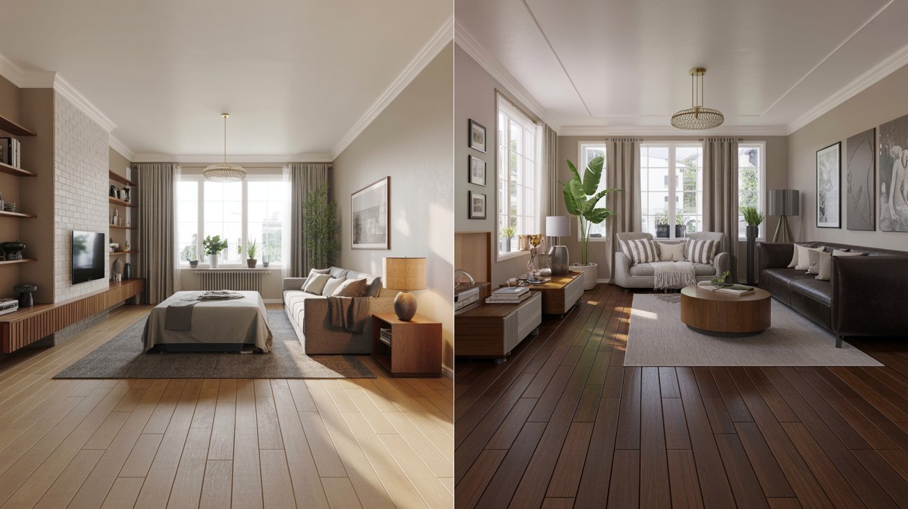 Comparison of light and dark hardwood floors affecting room brightness and size perception.
