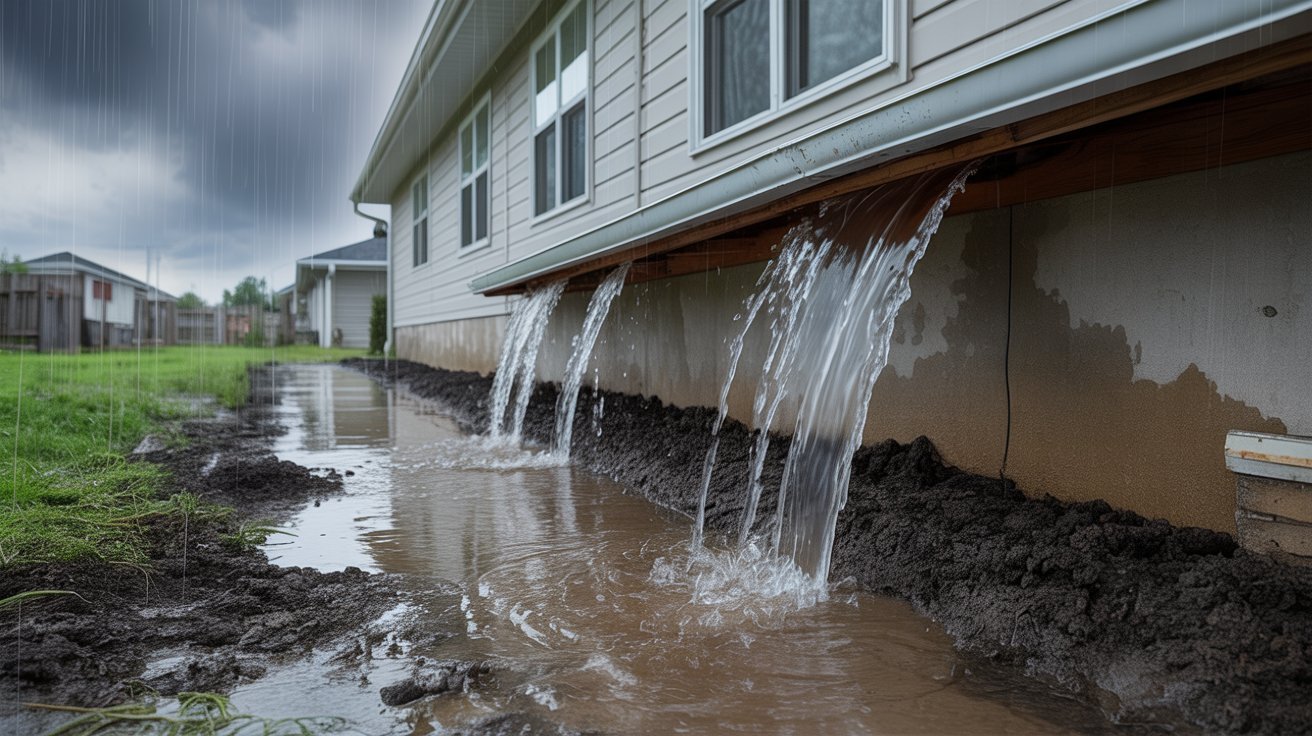 Poor drainage around a home foundation causing basement floor cracks.