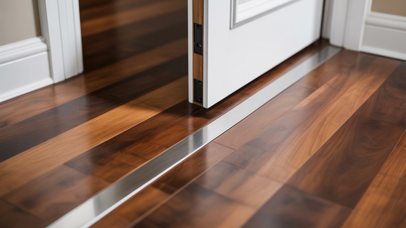Flooring transition aligned under a doorway frame.