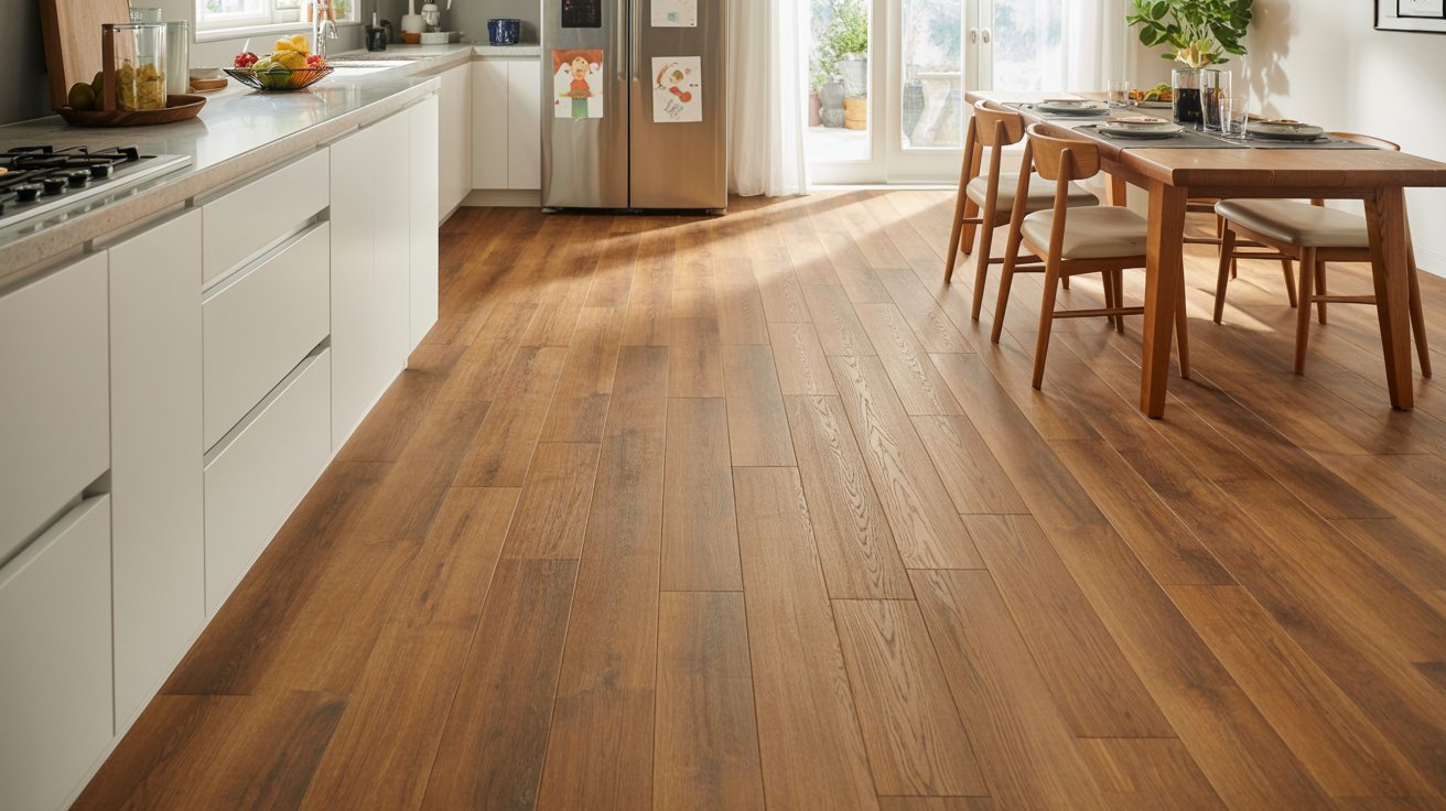 Medium-thickness vinyl flooring used in a kitchen and dining room.