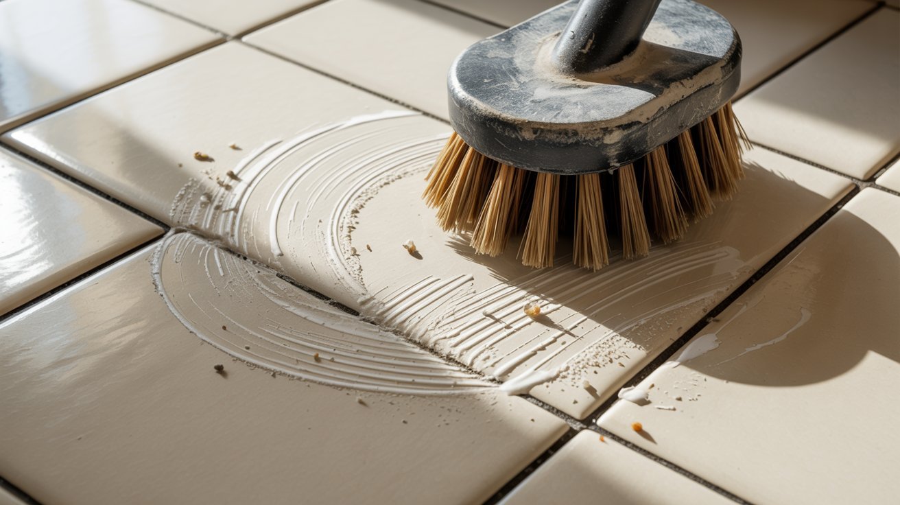 Hard brush damaging floor tile grout.