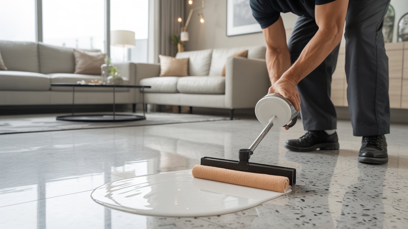 Applying protective sealer to terrazzo flooring.