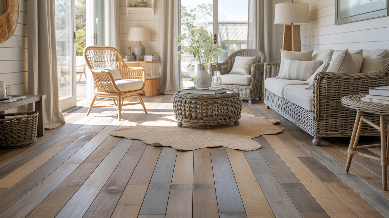 Driftwood and weathered gray hardwood floors in a relaxed coastal farmhouse interior.