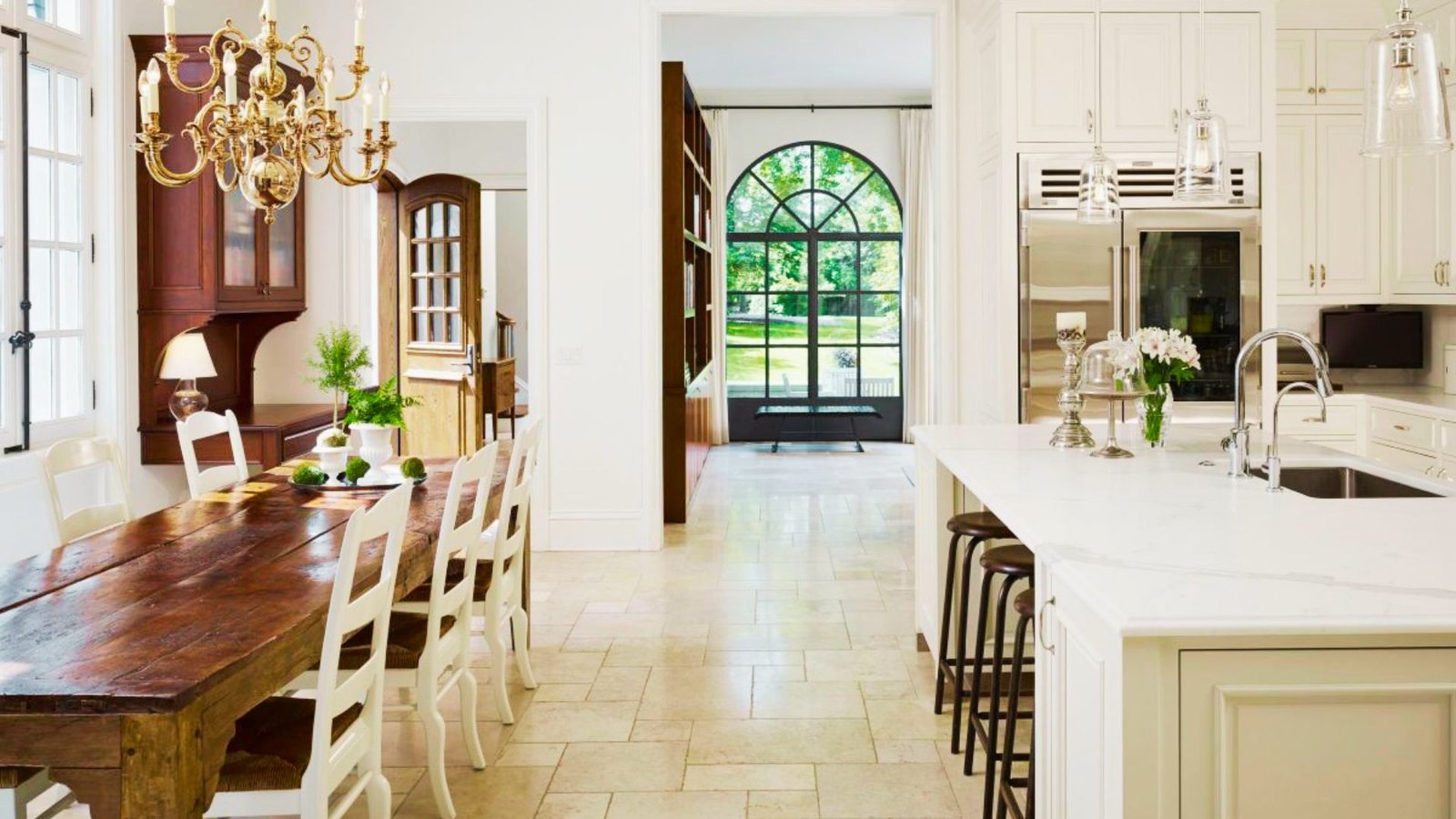 kitchen having Travertine Tile Kitchen Floor.
