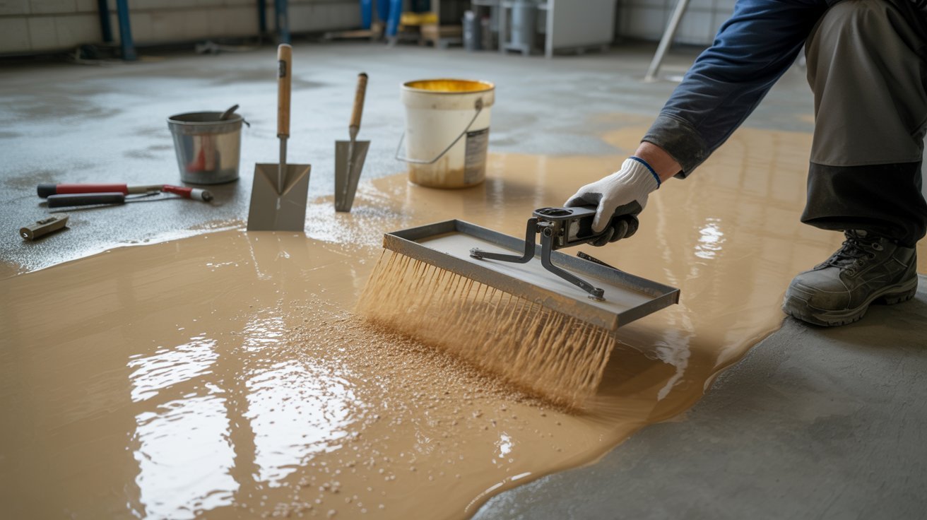 Anti-slip additive being applied to an epoxy floor during installation.