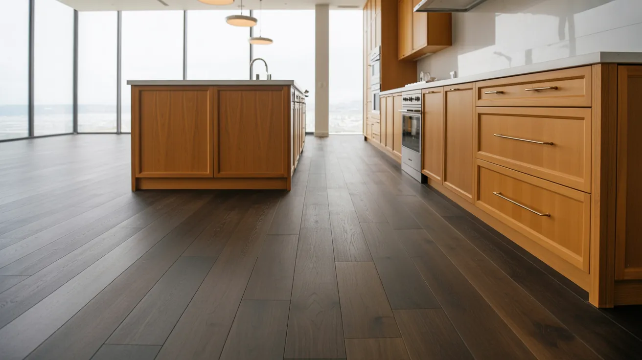 Charcoal gray flooring with golden oak cabinets in a modern kitchen.