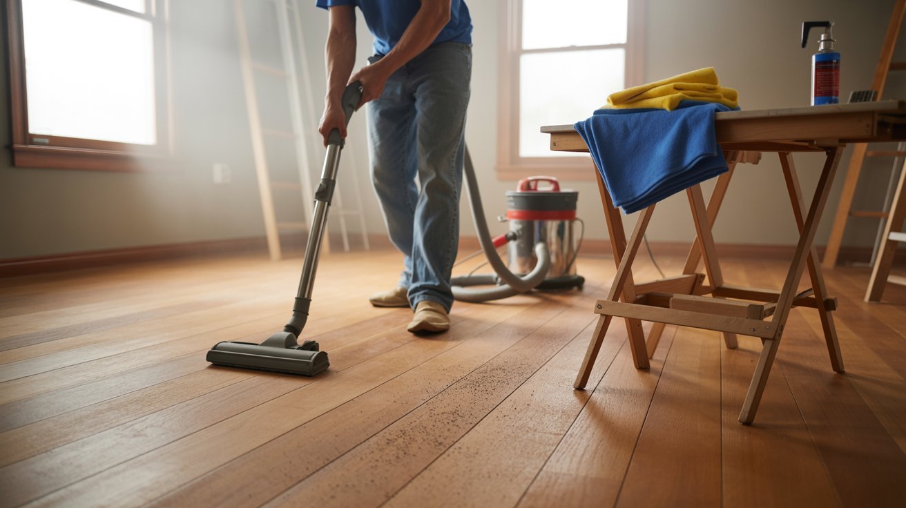 Removing dust from hardwood floors after screening.