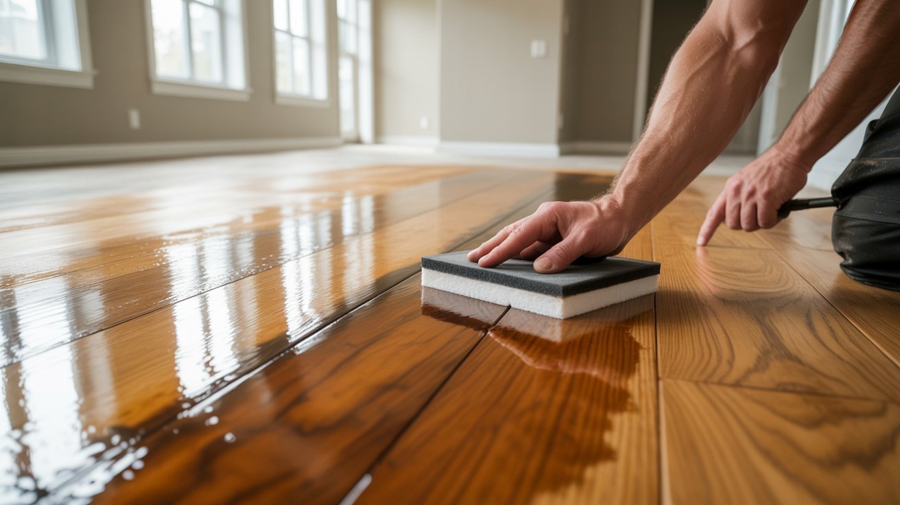 Applying stain during oak hardwood floor refinishing project.