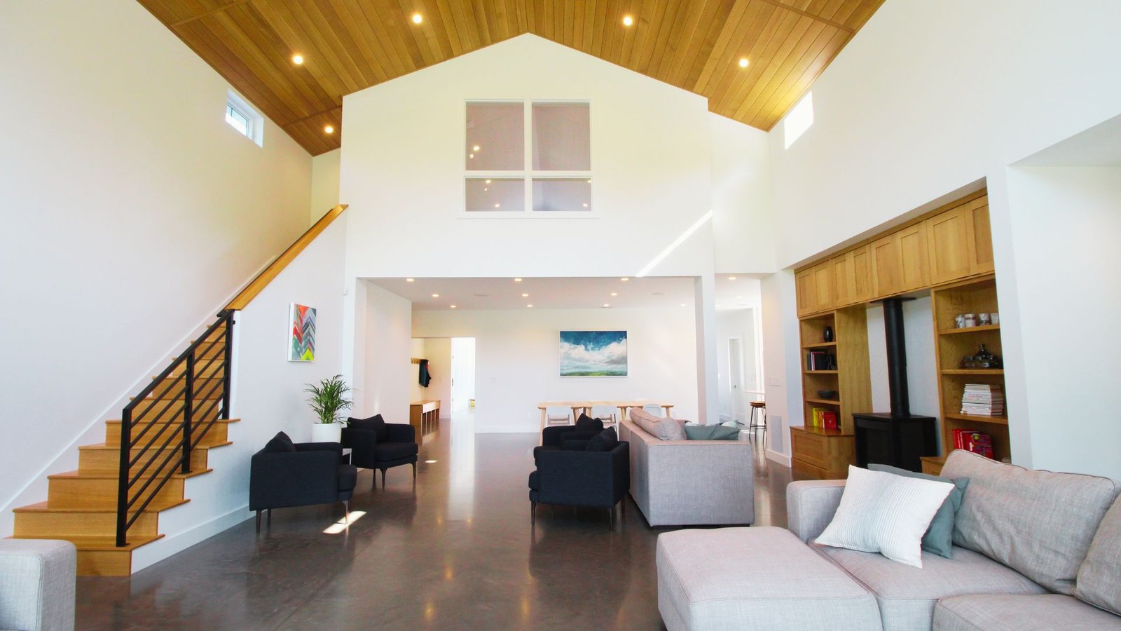 Polished stained concrete floor in modern farmhouse.