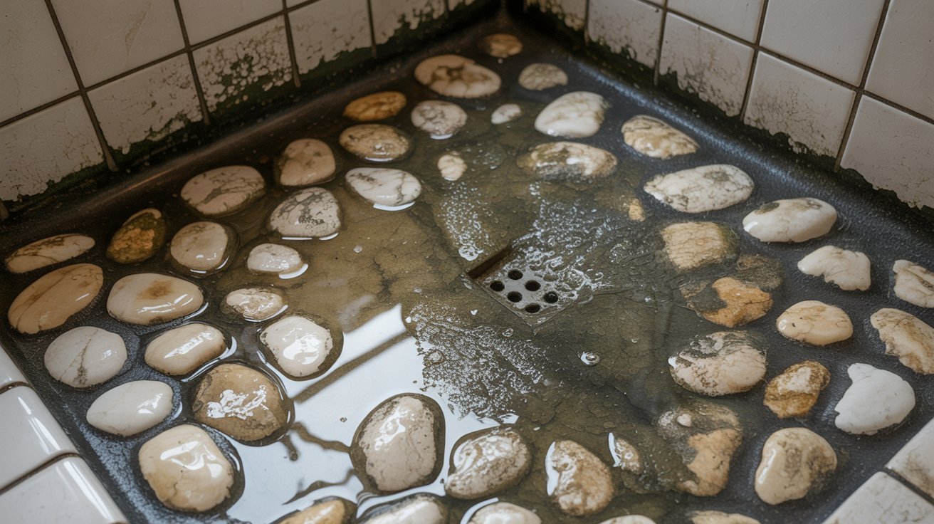 Common problems on a river rock shower floor including mold and stained grout.