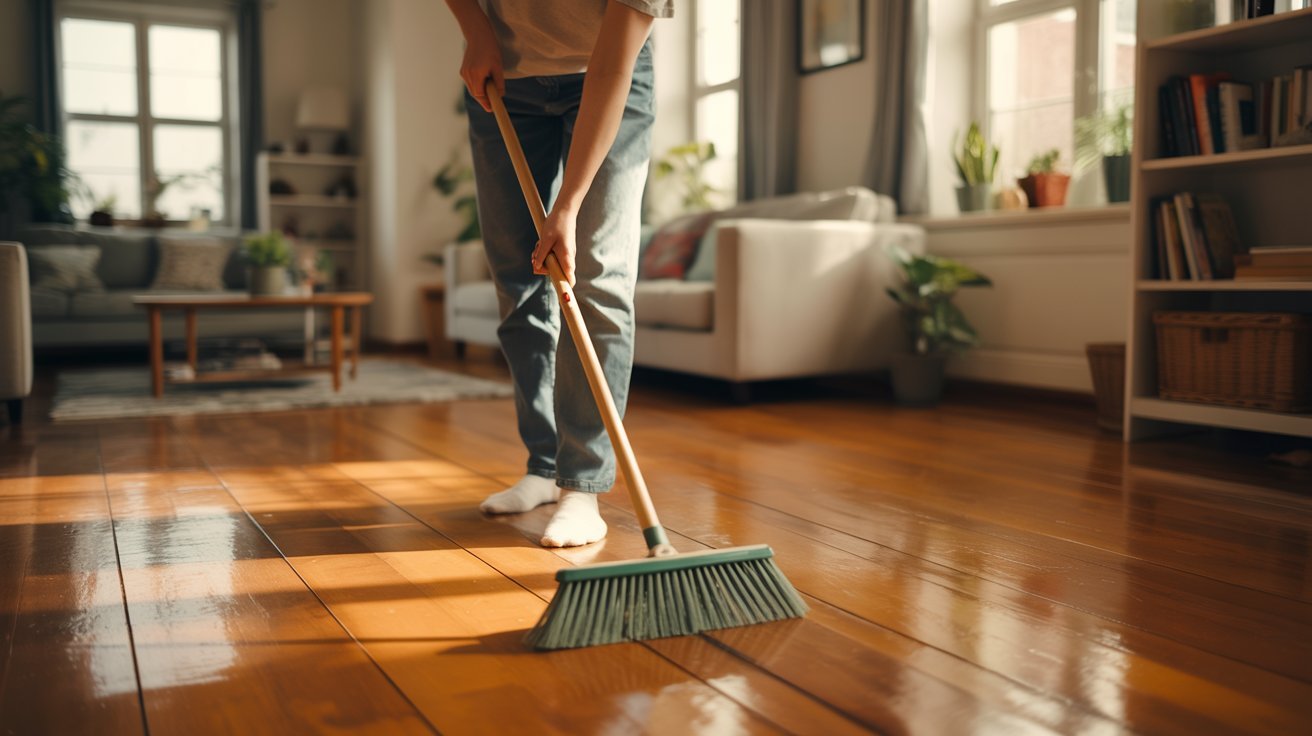 Sweeping painted hardwood floors with a soft broom.