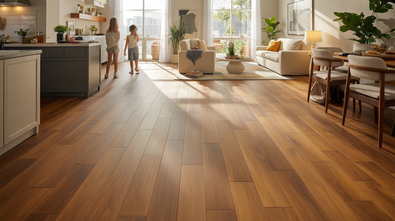 Modern home interior featuring waterproof luxury vinyl plank flooring in a kitchen and living room.