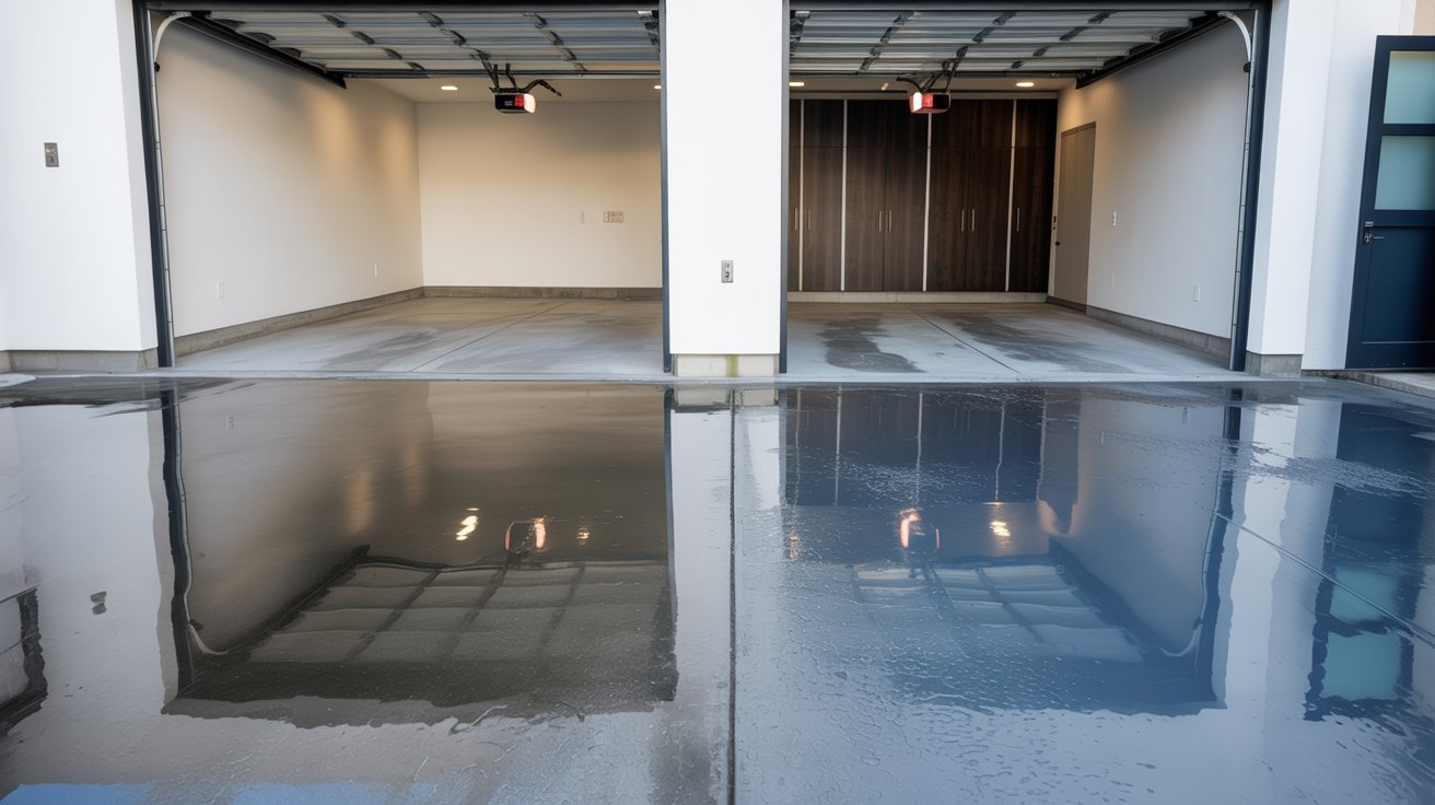 Glossy and matte polished concrete garage floor finishes side by side.