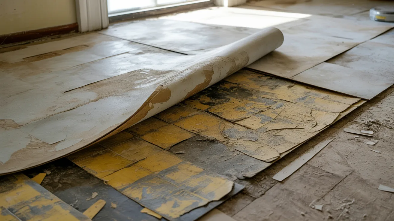 Sheet vinyl flooring with possible asbestos backing material.
