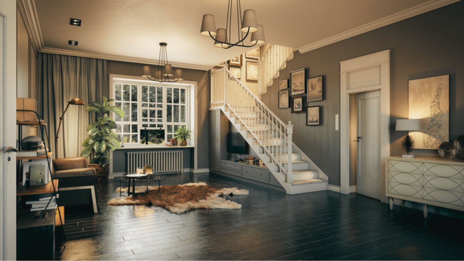 Modern home interior with matte black painted hardwood floors.