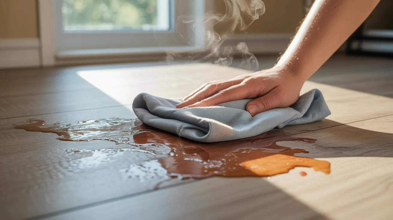 Warm moisture loosening dried paint from vinyl flooring.