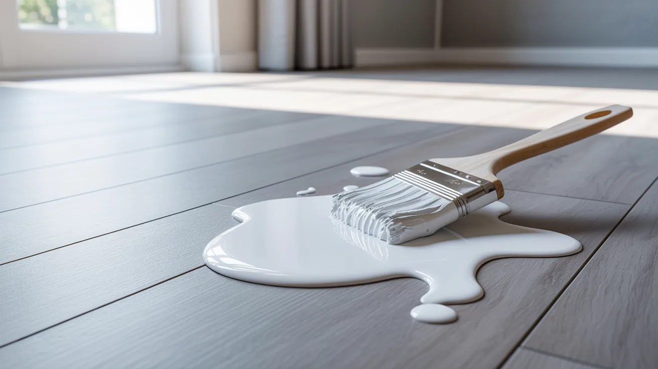 White paint spilled on a gray vinyl plank floor in a bright home interior
