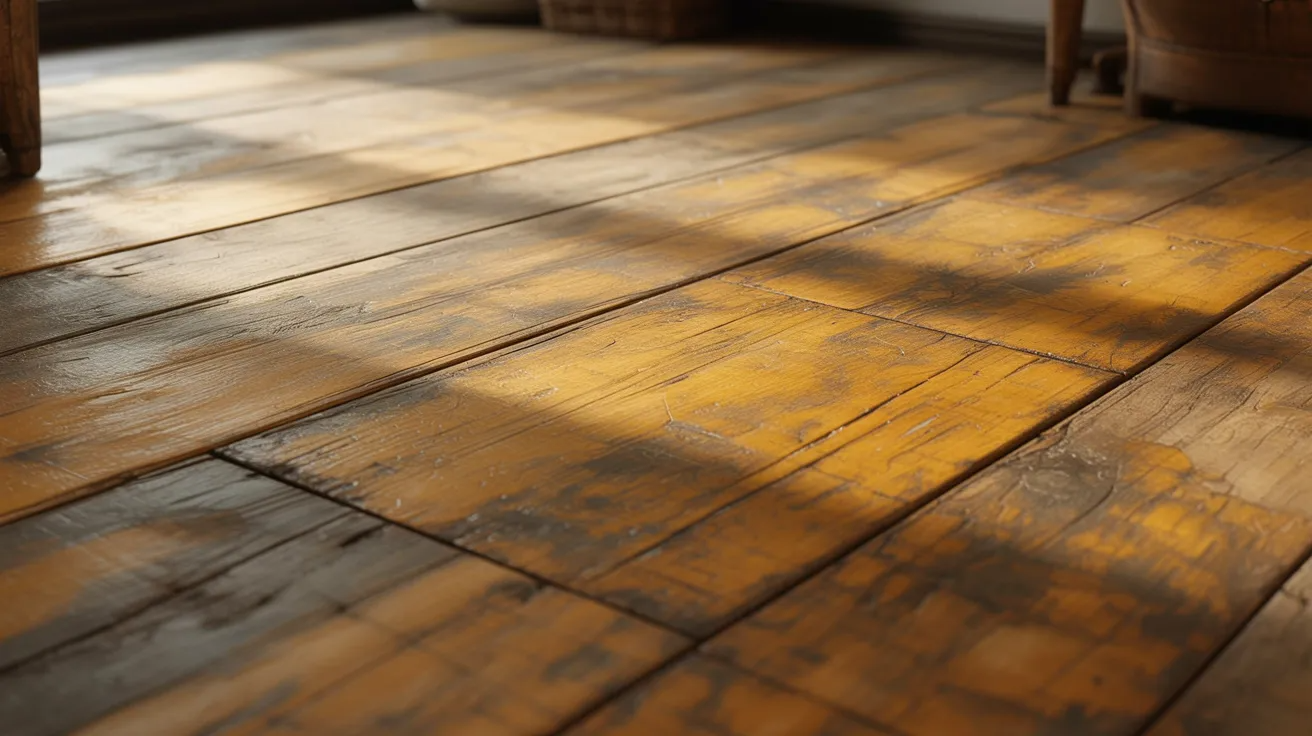 Gaps visible between dried hardwood floorboards caused by seasonal shrinkage