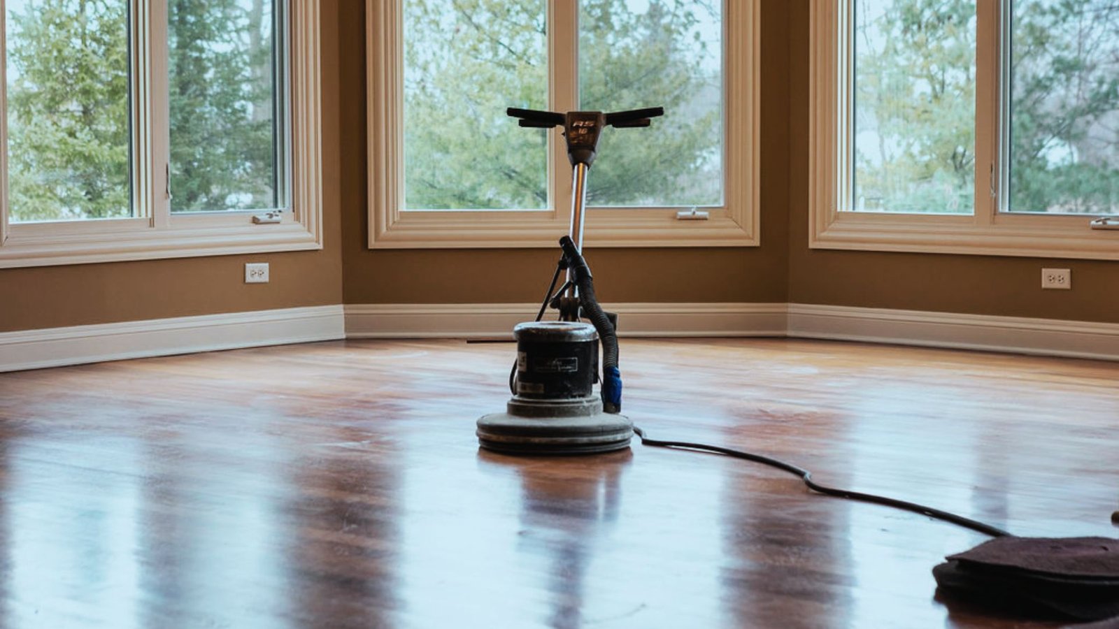 Beginner buffing hardwood floors with a floor buffer.