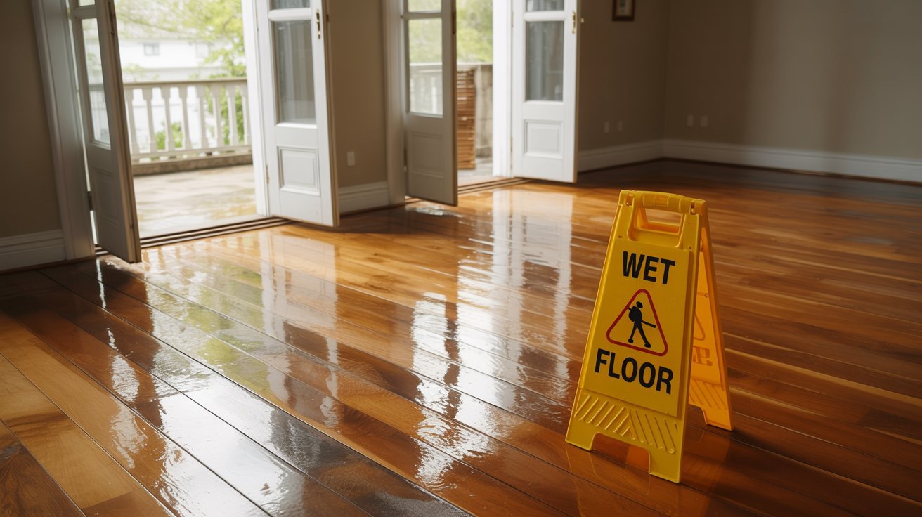 Hardwood floors drying after a screen and recoat.