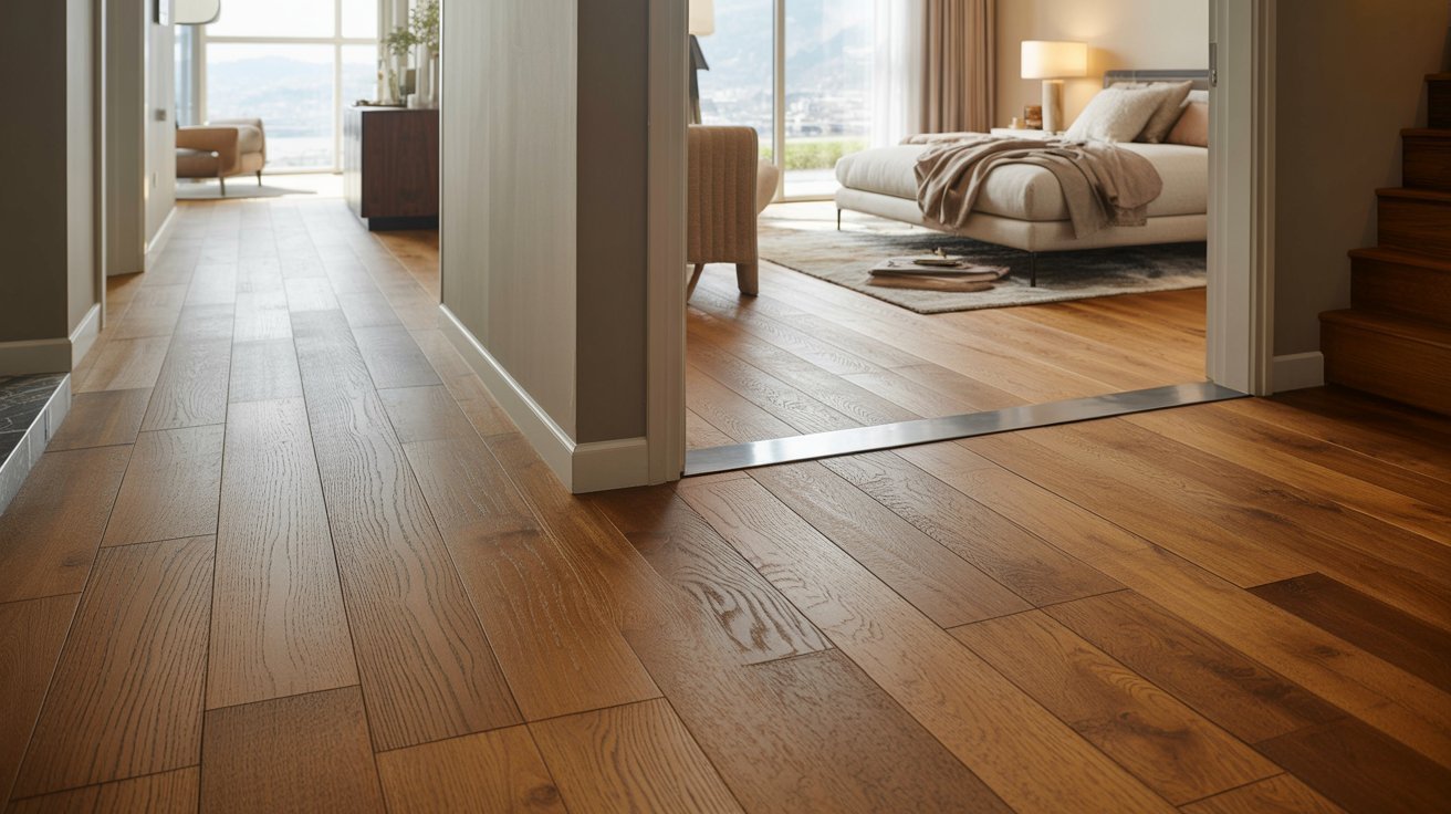 Wood flooring changing direction from hallway into bedroom.