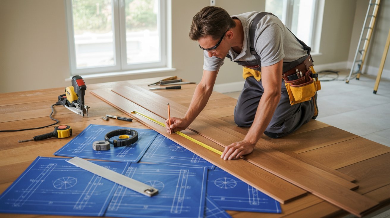 Flooring layout planning before installation begins.