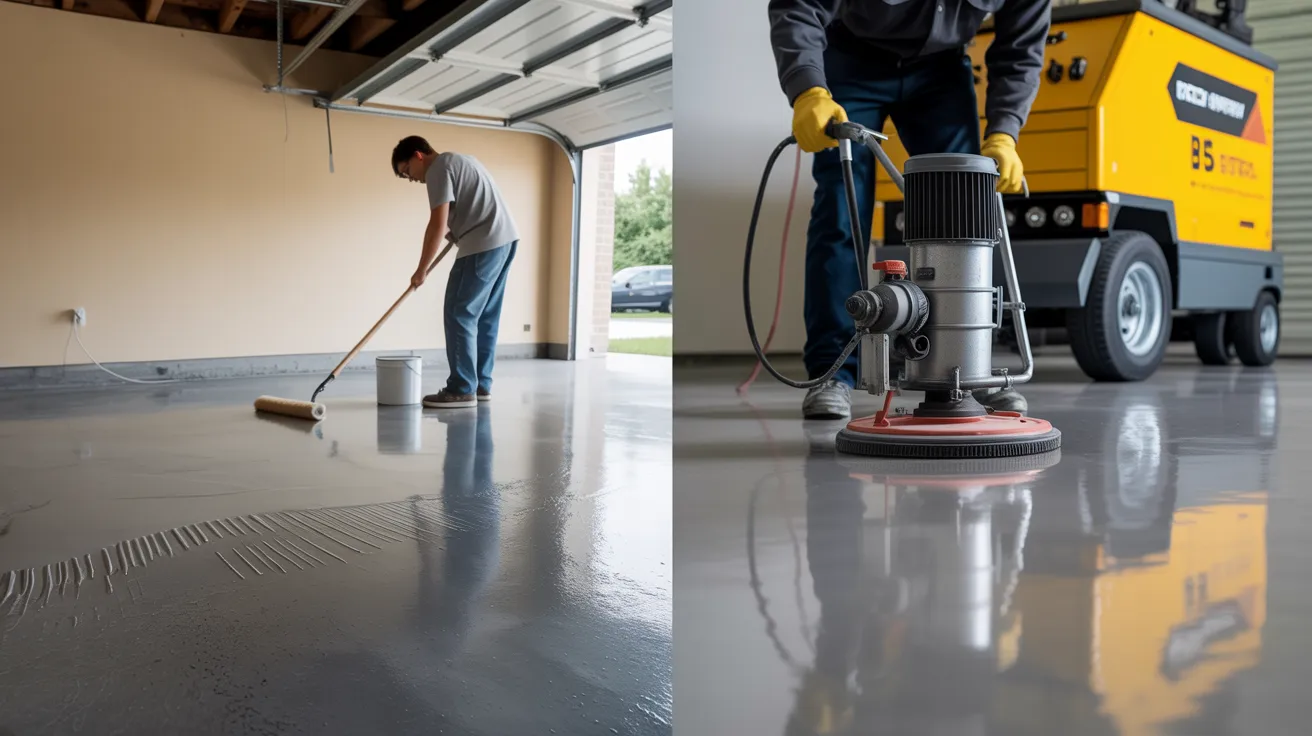 Comparison of DIY garage floor coating installation and professional contractor application.