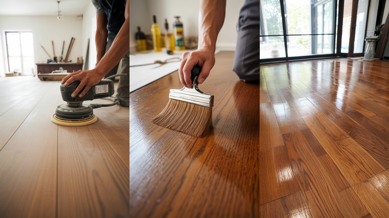 Different stages of hardwood floor refinishing from sanding to finished flooring.