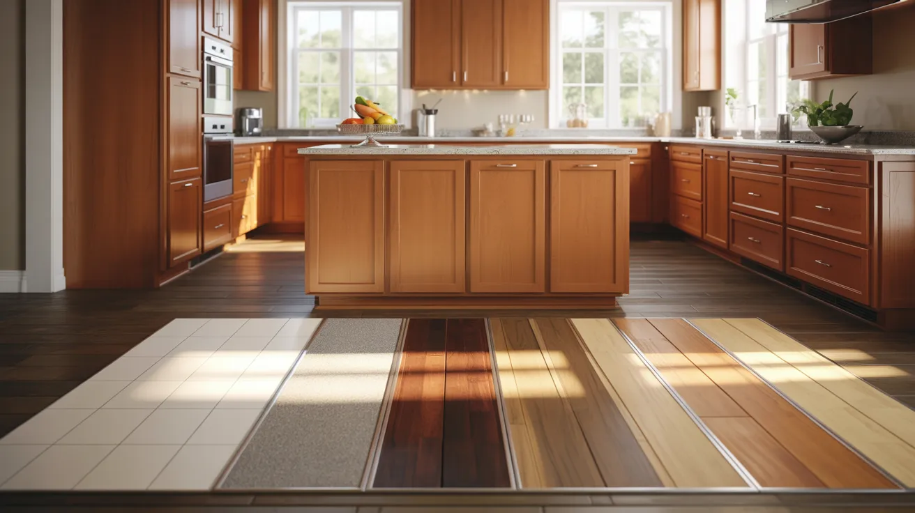 Modern kitchen with oak cabinets and different flooring samples in gray, brown, and blonde wood tones.