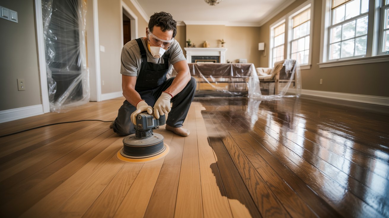 Homeowner refinishing hardwood floors as a DIY project.