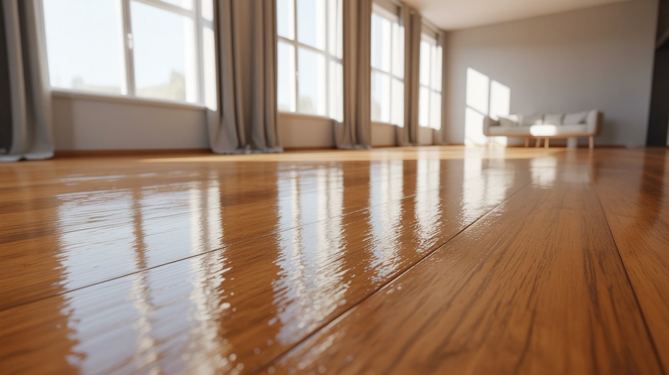 Water-based polyurethane drying on hardwood floors with good ventilation.